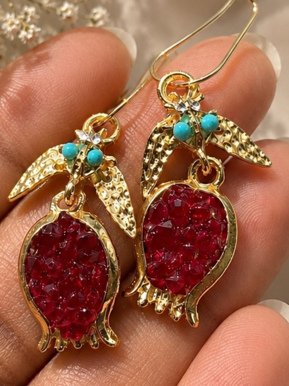 Gold Pomegranate Earrings Red Gemstone Statement Dangles - Picture 7 of 8